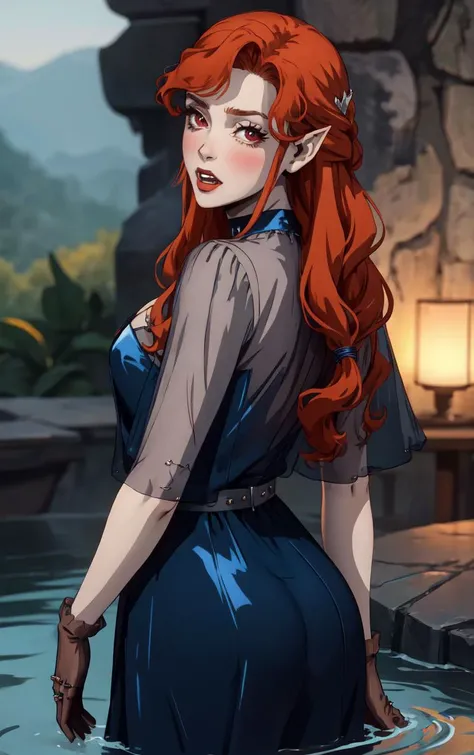 ((masterpiece, best quality)), insaneres, absurdres, solo, looking at viewer,
BlueDress_Lenore_ownwaifu,
1girl, long hair, red eyes, blush, pointy ears, lips, breasts, red hair, hair ornament, braid, fangs, makeup, lipstick, black lips, vampire, very long hair, wavy hair, colored skin, blunt bangs,
cleavage, dress, jewelry, gloves, blue dress, see-through, grey gloves, see-through sleeves, ring, long dress, belt, choker, bracelet,
(wading, ass support), waterfall, <lora:CARTOON_Castlevania_Lenore_ownwaifu:0.75>,
depth of field, vanishing point, garden, sidelighting,