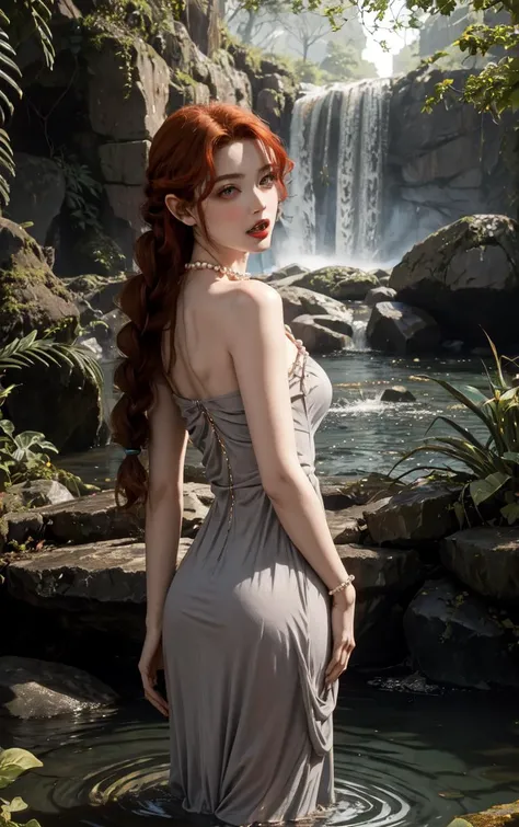 ((masterpiece, best quality)), insaneres, absurdres, solo, looking at viewer,
NightGown_Lenore_ownwaifu,
1girl, long hair, red hair, red eyes, pointy ears, blush, breasts, cleavage, lips, red lips, collarbone, fangs, lipstick, makeup, vampire, braid, floating hair,
jewelry, necklace, pearl necklace, armlet, grey dress, bare shoulders,
(wading, ass support), waterfall, <lora:CARTOON_Castlevania_Lenore_ownwaifu:0.75>,
depth of field, vanishing point, garden, sidelighting,