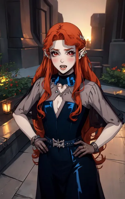 ((masterpiece, best quality)), insaneres, absurdres, solo, looking at viewer,
BlueDress_Lenore_ownwaifu,
1girl, long hair, red eyes, blush, pointy ears, lips, breasts, red hair, hair ornament, braid, fangs, makeup, lipstick, black lips, vampire, very long hair, wavy hair, colored skin, blunt bangs,
cleavage, dress, jewelry, gloves, blue dress, see-through, grey gloves, see-through sleeves, ring, long dress, belt, choker, bracelet,
(contrapposto, hand on hip)<lora:CARTOON_Castlevania_Lenore_ownwaifu:1>,
depth of field, vanishing point, garden, sidelighting,