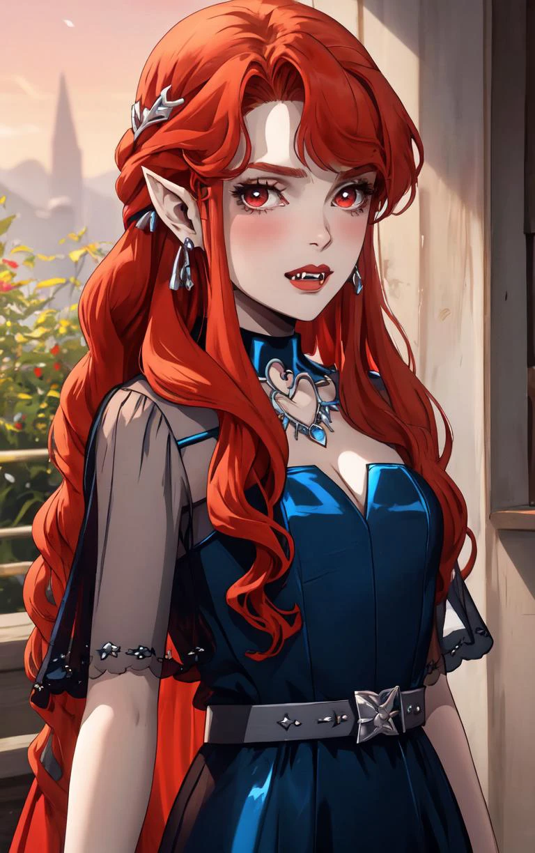 ((masterpiece, best quality)), insaneres, absurdres, solo, looking at viewer,
BlueDress_Lenore_ownwaifu,
1girl, long hair, red eyes, blush, pointy ears, lips, breasts, red hair, hair ornament, braid, fangs, makeup, lipstick, black lips, vampire, very long hair, wavy hair, colored skin, blunt bangs,
cleavage, dress, jewelry, gloves, blue dress, see-through, grey gloves, see-through sleeves, ring, long dress, belt, choker, bracelet,
(portrait, straight-on)<lora:CARTOON_Castlevania_Lenore_ownwaifu:0.8>,
depth of field, vanishing point, garden, sidelighting,