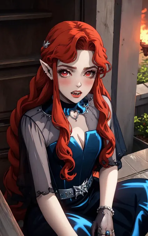 ((masterpiece, best quality)), insaneres, absurdres, solo, looking at viewer,
BlueDress_Lenore_ownwaifu,
1girl, long hair, red eyes, blush, pointy ears, lips, breasts, red hair, hair ornament, braid, fangs, makeup, lipstick, black lips, vampire, very long hair, wavy hair, colored skin, blunt bangs,
cleavage, dress, jewelry, gloves, blue dress, see-through, grey gloves, see-through sleeves, ring, long dress, belt, choker, bracelet,
(from above, sitting)<lora:CARTOON_Castlevania_Lenore_ownwaifu:0.9>,
depth of field, vanishing point, garden, sidelighting,