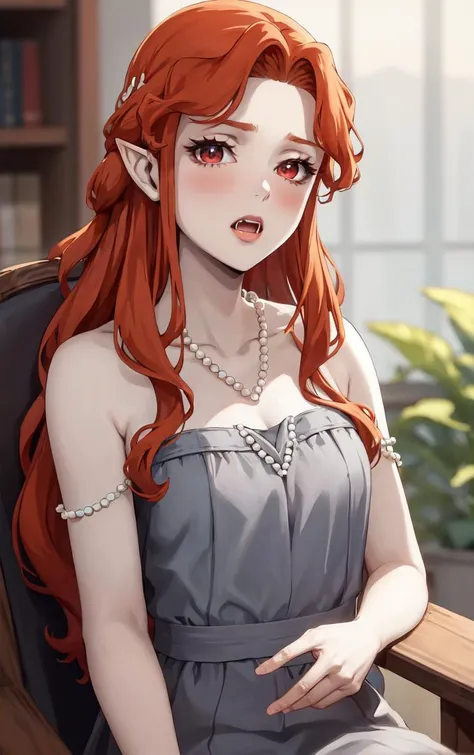 ((masterpiece, best quality)), insaneres, absurdres, solo, looking at viewer,
NightGown_Lenore_ownwaifu,
1girl, long hair, red hair, red eyes, pointy ears, blush, breasts, cleavage, lips, red lips, collarbone, fangs, lipstick, makeup, vampire, braid, floating hair,
jewelry, necklace, pearl necklace, armlet, grey dress, bare shoulders,
(portrait, straight-on)<lora:CARTOON_Castlevania_Lenore_ownwaifu:0.8>,
depth of field, vanishing point, garden, sidelighting,