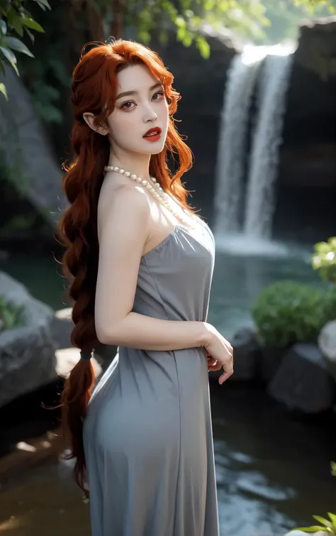 Redhead magical woman with brown eyes and long hair wearing elegant white dress in a castle with water element light orb