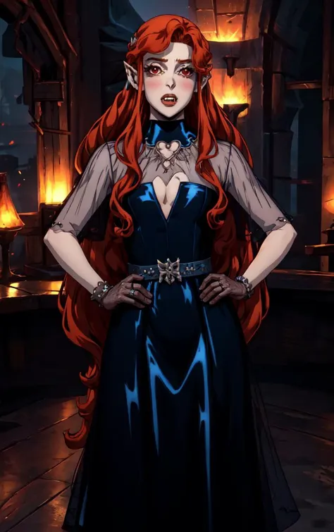 ((masterpiece, best quality)), insaneres, absurdres, solo, looking at viewer,
BlueDress_Lenore_ownwaifu,
1girl, long hair, red eyes, blush, pointy ears, lips, breasts, red hair, hair ornament, braid, fangs, makeup, lipstick, black lips, vampire, very long hair, wavy hair, colored skin, blunt bangs,
cleavage, dress, jewelry, gloves, blue dress, see-through, grey gloves, see-through sleeves, ring, long dress, belt, choker, bracelet,
(contrapposto, hand on hip)<lora:CARTOON_Castlevania_Lenore_ownwaifu:1>,
depth of field, vanishing point, garden, sidelighting,