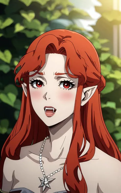 ((masterpiece, best quality)), insaneres, absurdres, solo, looking at viewer, 
NightGown_Lenore_ownwaifu,
1girl, long hair, red hair, red eyes, pointy ears, blush, breasts, cleavage, lips, red lips, collarbone,  fangs, lipstick, makeup, vampire, braid, floating hair, 
jewelry, necklace, pearl necklace, armlet, grey dress, bare shoulders, 
(portrait, straight-on)<lora:CARTOON_Castlevania_Lenore_ownwaifu:0.8>,
 depth of field, vanishing point, garden, sidelighting,