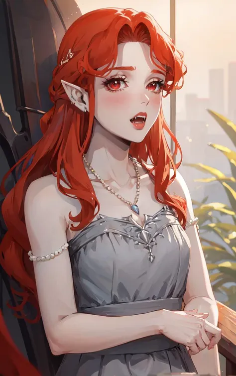 ((masterpiece, best quality)), insaneres, absurdres, solo, looking at viewer, 
NightGown_Lenore_ownwaifu,
1girl, long hair, red hair, red eyes, pointy ears, blush, breasts, cleavage, lips, red lips, collarbone,  fangs, lipstick, makeup, vampire, braid, floating hair, 
jewelry, necklace, pearl necklace, armlet, grey dress, bare shoulders, 
(from above, sitting)<lora:CARTOON_Castlevania_Lenore_ownwaifu:0.9>,
 depth of field, vanishing point, garden, sidelighting,