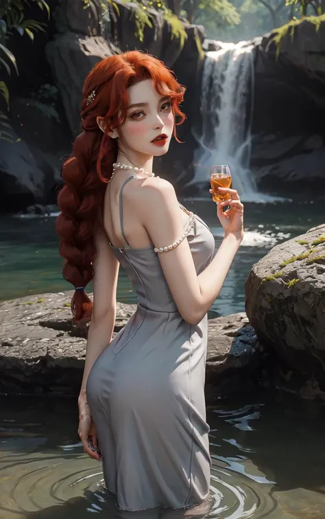 ((masterpiece, best quality)), insaneres, absurdres, solo, looking at viewer,
NightGown_Lenore_ownwaifu,
1girl, long hair, red hair, red eyes, pointy ears, blush, breasts, cleavage, lips, red lips, collarbone, fangs, lipstick, makeup, vampire, braid, floating hair,
jewelry, necklace, pearl necklace, armlet, grey dress, bare shoulders,
(wading, ass support), waterfall, <lora:CARTOON_Castlevania_Lenore_ownwaifu:0.75>,
depth of field, vanishing point, garden, sidelighting,