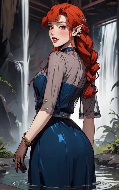 ((masterpiece, best quality)), insaneres, absurdres, solo, looking at viewer,
BlueDress_Lenore_ownwaifu,
1girl, long hair, red eyes, blush, pointy ears, lips, breasts, red hair, hair ornament, braid, fangs, makeup, lipstick, black lips, vampire, very long hair, wavy hair, colored skin, blunt bangs,
cleavage, dress, jewelry, gloves, blue dress, see-through, grey gloves, see-through sleeves, ring, long dress, belt, choker, bracelet,
(wading, ass support), waterfall, <lora:CARTOON_Castlevania_Lenore_ownwaifu:0.75>,
depth of field, vanishing point, garden, sidelighting,