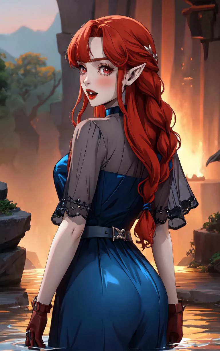 ((masterpiece, best quality)), insaneres, absurdres, solo, looking at viewer,
BlueDress_Lenore_ownwaifu,
1girl, long hair, red eyes, blush, pointy ears, lips, breasts, red hair, hair ornament, braid, fangs, makeup, lipstick, black lips, vampire, very long hair, wavy hair, colored skin, blunt bangs,
cleavage, dress, jewelry, gloves, blue dress, see-through, grey gloves, see-through sleeves, ring, long dress, belt, choker, bracelet,
(wading, ass support), waterfall, <lora:CARTOON_Castlevania_Lenore_ownwaifu:0.75>,
depth of field, vanishing point, garden, sidelighting,