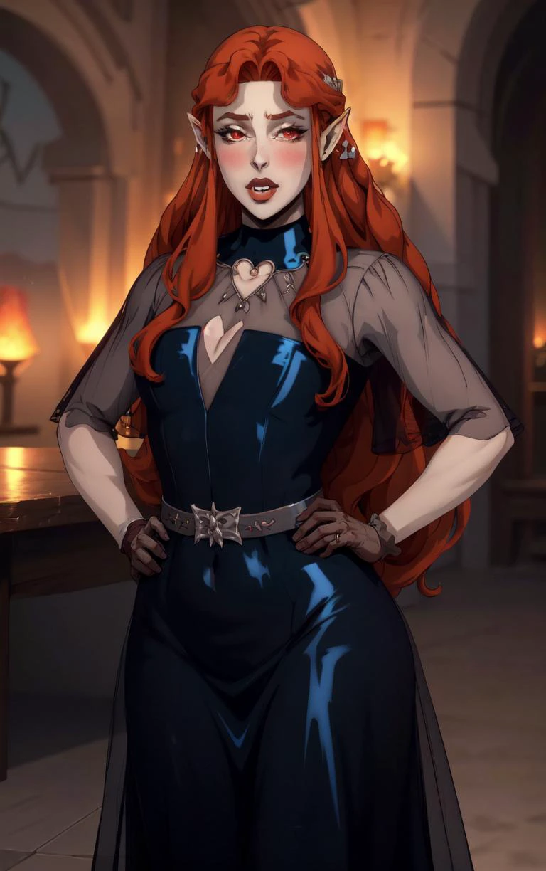 ((masterpiece, best quality)), insaneres, absurdres, solo, looking at viewer,
BlueDress_Lenore_ownwaifu,
1girl, long hair, red eyes, blush, pointy ears, lips, breasts, red hair, hair ornament, braid, fangs, makeup, lipstick, black lips, vampire, very long hair, wavy hair, colored skin, blunt bangs,
cleavage, dress, jewelry, gloves, blue dress, see-through, grey gloves, see-through sleeves, ring, long dress, belt, choker, bracelet,
(contrapposto, hand on hip)<lora:CARTOON_Castlevania_Lenore_ownwaifu:1>,
depth of field, vanishing point, garden, sidelighting,