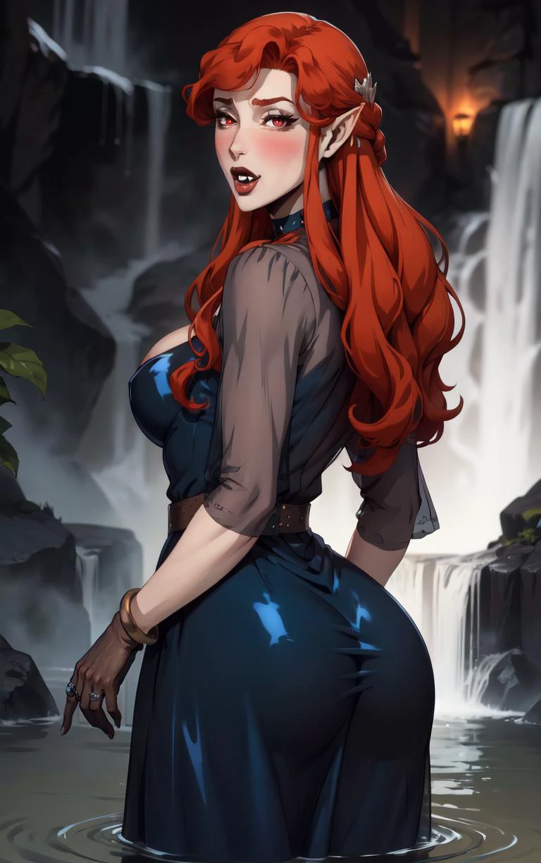 ((masterpiece, best quality)), insaneres, absurdres, solo, looking at viewer,
BlueDress_Lenore_ownwaifu,
1girl, long hair, red eyes, blush, pointy ears, lips, breasts, red hair, hair ornament, braid, fangs, makeup, lipstick, black lips, vampire, very long hair, wavy hair, colored skin, blunt bangs,
cleavage, dress, jewelry, gloves, blue dress, see-through, grey gloves, see-through sleeves, ring, long dress, belt, choker, bracelet,
(wading, ass support), waterfall, <lora:CARTOON_Castlevania_Lenore_ownwaifu:0.75>,
depth of field, vanishing point, garden, sidelighting,