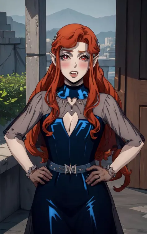 ((masterpiece, best quality)), insaneres, absurdres, solo, looking at viewer,
BlueDress_Lenore_ownwaifu,
1girl, long hair, red eyes, blush, pointy ears, lips, breasts, red hair, hair ornament, braid, fangs, makeup, lipstick, black lips, vampire, very long hair, wavy hair, colored skin, blunt bangs,
cleavage, dress, jewelry, gloves, blue dress, see-through, grey gloves, see-through sleeves, ring, long dress, belt, choker, bracelet,
(contrapposto, hand on hip)<lora:CARTOON_Castlevania_Lenore_ownwaifu:1>,
depth of field, vanishing point, garden, sidelighting,