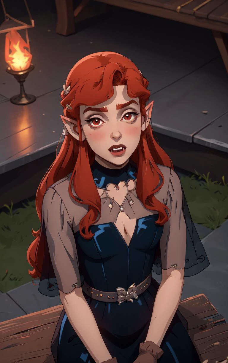 ((masterpiece, best quality)), insaneres, absurdres, solo, looking at viewer,
BlueDress_Lenore_ownwaifu,
1girl, long hair, red eyes, blush, pointy ears, lips, breasts, red hair, hair ornament, braid, fangs, makeup, lipstick, black lips, vampire, very long hair, wavy hair, colored skin, blunt bangs,
cleavage, dress, jewelry, gloves, blue dress, see-through, grey gloves, see-through sleeves, ring, long dress, belt, choker, bracelet,
(from above, sitting)<lora:CARTOON_Castlevania_Lenore_ownwaifu:0.9>,
depth of field, vanishing point, garden, sidelighting,