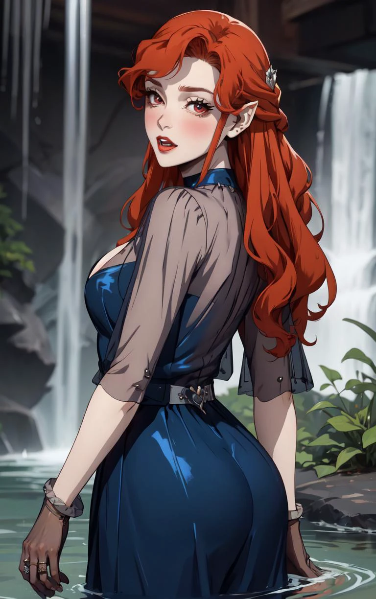 ((masterpiece, best quality)), insaneres, absurdres, solo, looking at viewer,
BlueDress_Lenore_ownwaifu,
1girl, long hair, red eyes, blush, pointy ears, lips, breasts, red hair, hair ornament, braid, fangs, makeup, lipstick, black lips, vampire, very long hair, wavy hair, colored skin, blunt bangs,
cleavage, dress, jewelry, gloves, blue dress, see-through, grey gloves, see-through sleeves, ring, long dress, belt, choker, bracelet,
(wading, ass support), waterfall, <lora:CARTOON_Castlevania_Lenore_ownwaifu:0.75>,
depth of field, vanishing point, garden, sidelighting,