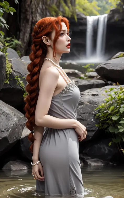 ((masterpiece, best quality)), insaneres, absurdres, solo, looking at viewer,
NightGown_Lenore_ownwaifu,
1girl, long hair, red hair, red eyes, pointy ears, blush, breasts, cleavage, lips, red lips, collarbone, fangs, lipstick, makeup, vampire, braid, floating hair,
jewelry, necklace, pearl necklace, armlet, grey dress, bare shoulders,
(wading, ass support), waterfall, <lora:CARTOON_Castlevania_Lenore_ownwaifu:0.75>,
depth of field, vanishing point, garden, sidelighting,