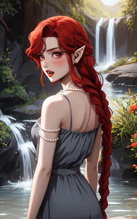 ((masterpiece, best quality)), insaneres, absurdres, solo, looking at viewer, 
NightGown_Lenore_ownwaifu,
1girl, long hair, red hair, red eyes, pointy ears, blush, breasts, cleavage, lips, red lips, collarbone,  fangs, lipstick, makeup, vampire, braid, floating hair, 
jewelry, necklace, pearl necklace, armlet, grey dress, bare shoulders, 
(wading, ass support), waterfall, <lora:CARTOON_Castlevania_Lenore_ownwaifu:0.75>,
 depth of field, vanishing point, garden, sidelighting,