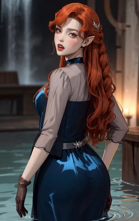 ((masterpiece, best quality)), insaneres, absurdres, solo, looking at viewer,
BlueDress_Lenore_ownwaifu,
1girl, long hair, red eyes, blush, pointy ears, lips, breasts, red hair, hair ornament, braid, fangs, makeup, lipstick, black lips, vampire, very long hair, wavy hair, colored skin, blunt bangs,
cleavage, dress, jewelry, gloves, blue dress, see-through, grey gloves, see-through sleeves, ring, long dress, belt, choker, bracelet,
(wading, ass support), waterfall, <lora:CARTOON_Castlevania_Lenore_ownwaifu:0.75>,
depth of field, vanishing point, garden, sidelighting,