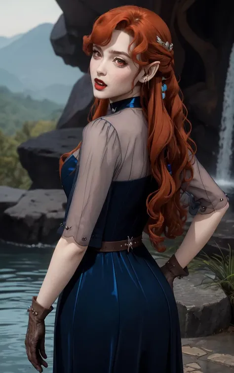 ((masterpiece, best quality)), insaneres, absurdres, solo, looking at viewer,
BlueDress_Lenore_ownwaifu,
1girl, long hair, red eyes, blush, pointy ears, lips, breasts, red hair, hair ornament, braid, fangs, makeup, lipstick, black lips, vampire, very long hair, wavy hair, colored skin, blunt bangs,
cleavage, dress, jewelry, gloves, blue dress, see-through, grey gloves, see-through sleeves, ring, long dress, belt, choker, bracelet,
(wading, ass support), waterfall, <lora:CARTOON_Castlevania_Lenore_ownwaifu:0.75>,
depth of field, vanishing point, garden, sidelighting,