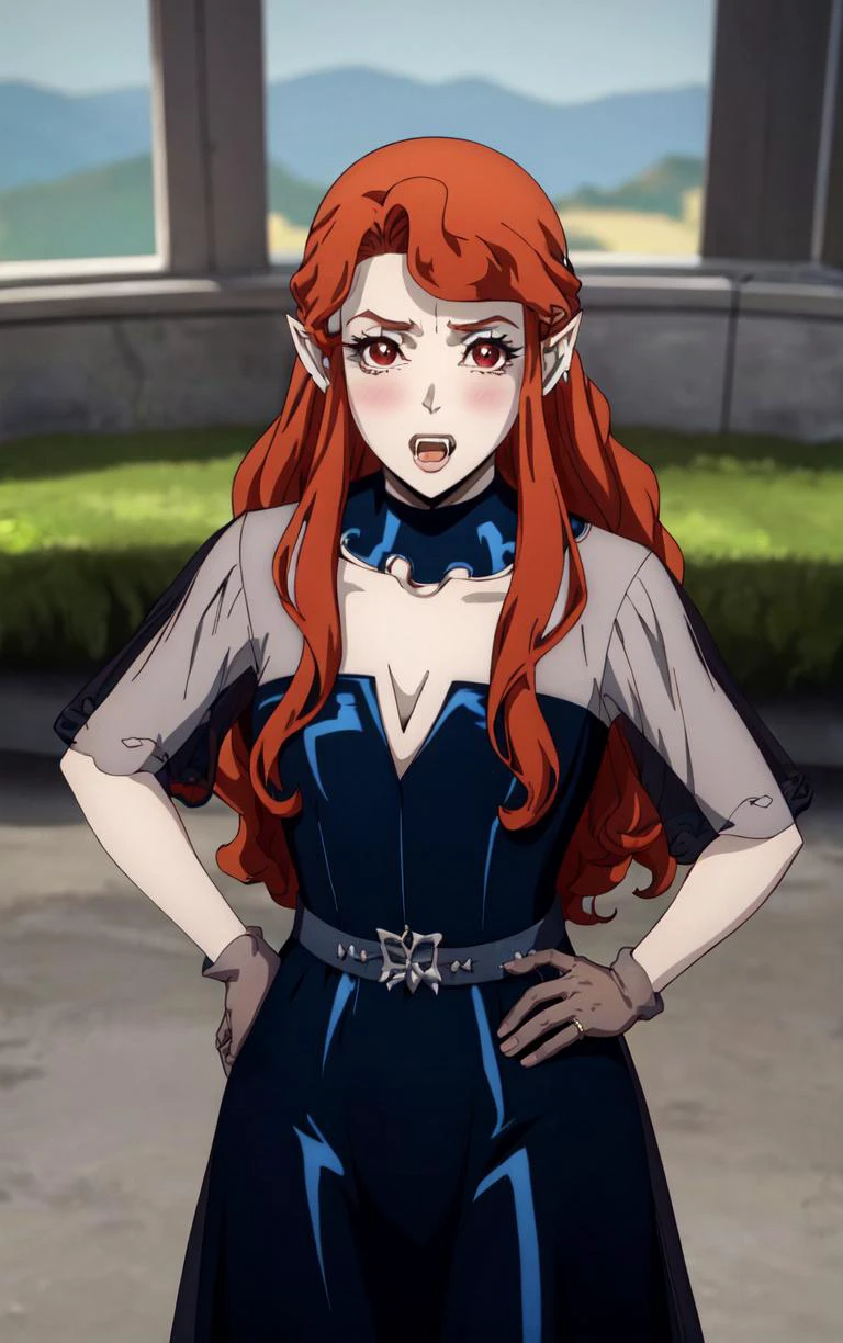 ((masterpiece, best quality)), insaneres, absurdres, solo, looking at viewer,
BlueDress_Lenore_ownwaifu,
1girl, long hair, red eyes, blush, pointy ears, lips, breasts, red hair, hair ornament, braid, fangs, makeup, lipstick, black lips, vampire, very long hair, wavy hair, colored skin, blunt bangs,
cleavage, dress, jewelry, gloves, blue dress, see-through, grey gloves, see-through sleeves, ring, long dress, belt, choker, bracelet,
(contrapposto, hand on hip)<lora:CARTOON_Castlevania_Lenore_ownwaifu:1>,
depth of field, vanishing point, garden, sidelighting,