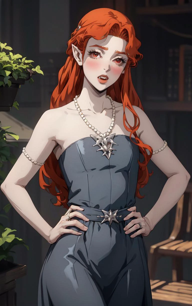 ((masterpiece, best quality)), insaneres, absurdres, solo, looking at viewer,
NightGown_Lenore_ownwaifu,
1girl, long hair, red hair, red eyes, pointy ears, blush, breasts, cleavage, lips, red lips, collarbone, fangs, lipstick, makeup, vampire, braid, floating hair,
jewelry, necklace, pearl necklace, armlet, grey dress, bare shoulders,
(contrapposto, hand on hip)<lora:CARTOON_Castlevania_Lenore_ownwaifu:1>,
depth of field, vanishing point, garden, sidelighting,