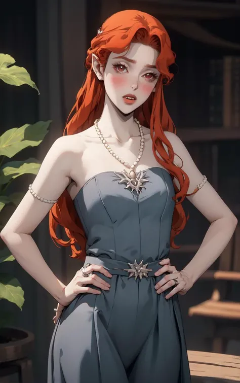 ((masterpiece, best quality)), insaneres, absurdres, solo, looking at viewer, 
NightGown_Lenore_ownwaifu,
1girl, long hair, red hair, red eyes, pointy ears, blush, breasts, cleavage, lips, red lips, collarbone,  fangs, lipstick, makeup, vampire, braid, floating hair, 
jewelry, necklace, pearl necklace, armlet, grey dress, bare shoulders, 
(contrapposto, hand on hip)<lora:CARTOON_Castlevania_Lenore_ownwaifu:1>,
 depth of field, vanishing point, garden, sidelighting,