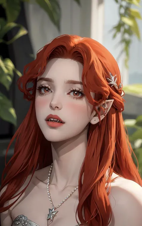 ((masterpiece, best quality)), insaneres, absurdres, solo, looking at viewer, 
NightGown_Lenore_ownwaifu,
1girl, long hair, red hair, red eyes, pointy ears, blush, breasts, cleavage, lips, red lips, collarbone,  fangs, lipstick, makeup, vampire, braid, floating hair, 
jewelry, necklace, pearl necklace, armlet, grey dress, bare shoulders, 
(portrait, straight-on)<lora:CARTOON_Castlevania_Lenore_ownwaifu:0.8>,
 depth of field, vanishing point, garden, sidelighting,