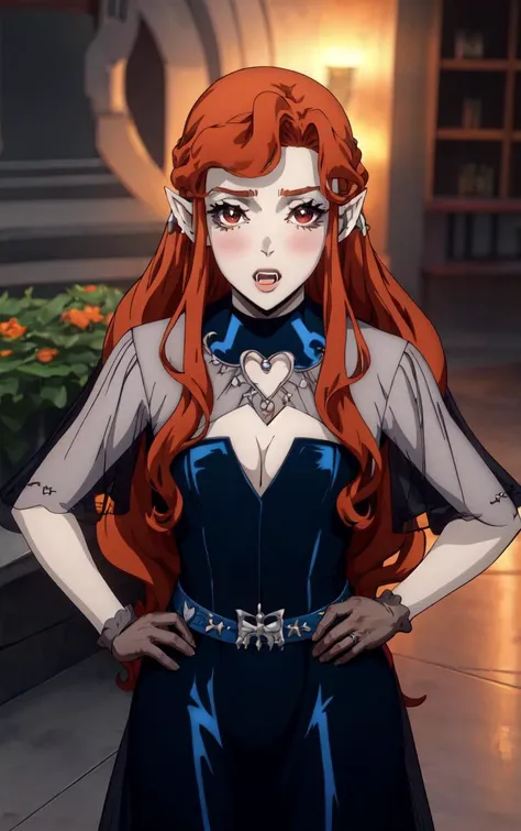 ((masterpiece, best quality)), insaneres, absurdres, solo, looking at viewer,
BlueDress_Lenore_ownwaifu,
1girl, long hair, red eyes, blush, pointy ears, lips, breasts, red hair, hair ornament, braid, fangs, makeup, lipstick, black lips, vampire, very long hair, wavy hair, colored skin, blunt bangs,
cleavage, dress, jewelry, gloves, blue dress, see-through, grey gloves, see-through sleeves, ring, long dress, belt, choker, bracelet,
(contrapposto, hand on hip)<lora:CARTOON_Castlevania_Lenore_ownwaifu:1>,
depth of field, vanishing point, garden, sidelighting,