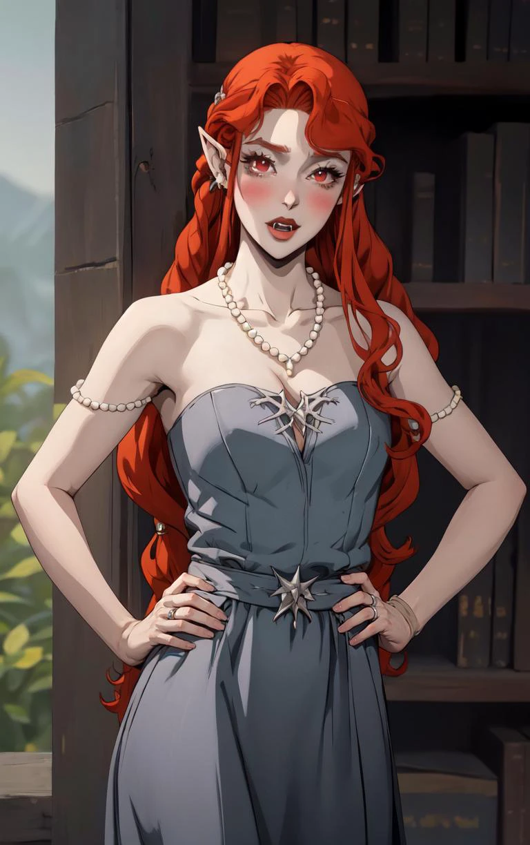 ((masterpiece, best quality)), insaneres, absurdres, solo, looking at viewer,
NightGown_Lenore_ownwaifu,
1girl, long hair, red hair, red eyes, pointy ears, blush, breasts, cleavage, lips, red lips, collarbone, fangs, lipstick, makeup, vampire, braid, floating hair,
jewelry, necklace, pearl necklace, armlet, grey dress, bare shoulders,
(contrapposto, hand on hip)<lora:CARTOON_Castlevania_Lenore_ownwaifu:1>,
depth of field, vanishing point, garden, sidelighting,
