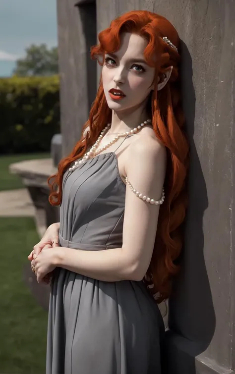 ((masterpiece, best quality)), insaneres, absurdres, solo, looking at viewer,
NightGown_Lenore_ownwaifu,
1girl, long hair, red hair, red eyes, pointy ears, blush, breasts, cleavage, lips, red lips, collarbone, fangs, lipstick, makeup, vampire, braid, floating hair,
jewelry, necklace, pearl necklace, armlet, grey dress, bare shoulders,
(contrapposto, hand on hip)<lora:CARTOON_Castlevania_Lenore_ownwaifu:1>,
depth of field, vanishing point, garden, sidelighting,