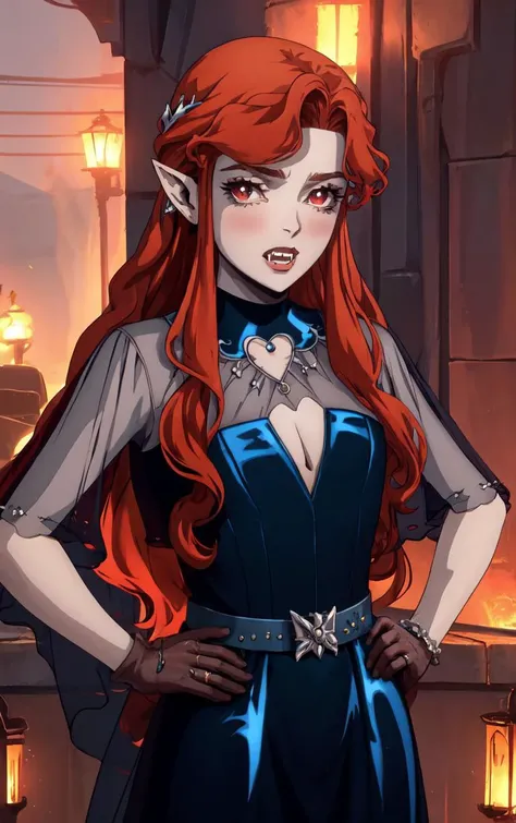 ((masterpiece, best quality)), insaneres, absurdres, solo, looking at viewer,
BlueDress_Lenore_ownwaifu,
1girl, long hair, red eyes, blush, pointy ears, lips, breasts, red hair, hair ornament, braid, fangs, makeup, lipstick, black lips, vampire, very long hair, wavy hair, colored skin, blunt bangs,
cleavage, dress, jewelry, gloves, blue dress, see-through, grey gloves, see-through sleeves, ring, long dress, belt, choker, bracelet,
(contrapposto, hand on hip)<lora:CARTOON_Castlevania_Lenore_ownwaifu:1>,
depth of field, vanishing point, garden, sidelighting,