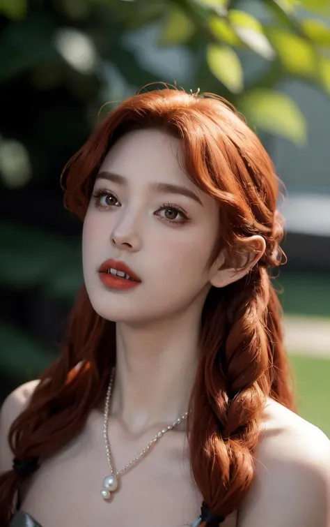 best quality, masterpiece, high_res, 1girl, hair ornament, necklace, jewelry, Beautiful face, tyndall effect, photo realistic, rim lighting, two tone lighting, (high detailed skin:1.2), 8k uhd, dslr, soft lighting, high quality, volumetric lighting, candid, Photograph, high resolution, 4k, 8k, Bokeh, medium breasts, lingerie pijamas, nipple, absurdres, shirt, long wavy hair, hair on shoulder, short fang, red hair color