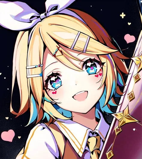 kagamine rin, happy, hearts, (best lighting:1.1), CG, wallpaper, HD, high quality, high-definition, extremely detailed, (detailed light:1.1), (masterpiece:1.1), (best quality:1.2), (highres:1.1), jewel-like eyes, award winning