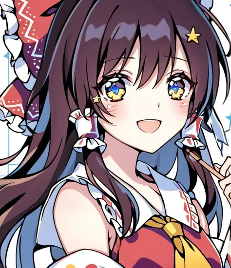 hakurei reimu, happy, v, + +, star \(symbol\), (best lighting:1.1), CG, wallpaper, HD, high quality, high-definition, extremely detailed, (detailed light:1.1), (masterpiece:1.1), (best quality:1.2), (highres:1.1), jewel-like eyes, award winning