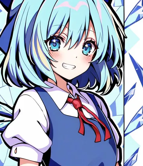 cirno, upper body, (grin:0.9), water, (best lighting:1.1), CG, wallpaper, HD, high quality, high-definition, extremely detailed, (detailed light:1.1), (masterpiece:1.1), (best quality:1.2), (highres:1.1), jewel-like eyes, award winning