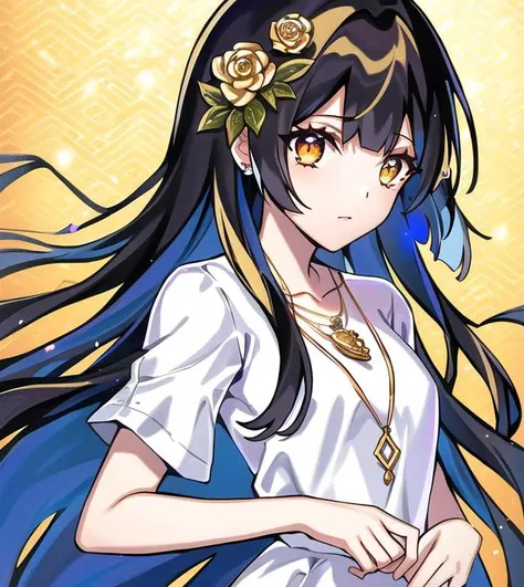 princess, very long hair, black hair, golden eyes, glowing eyes, straight bangs, small breasts, gold necklace, gold flower pendant, (best lighting:1.1), CG, wallpaper, HD, high quality, high-definition, extremely detailed, (detailed light:1.1), (masterpiece:1.1), (best quality:1.2), (highres:1.1), jewel-like eyes, award winning