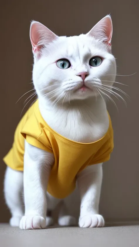 a white cat dressed in a yellow shirt