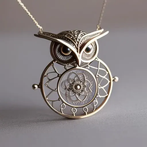 "product photography of filigree spirograph owl jewelry