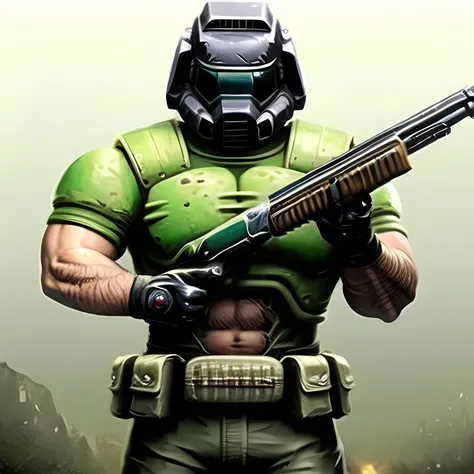 (masterpiece:1.4), best quality, illustration, 2d, (doomguy:1.2), solo, (holding shotgun:1.3), Sawed-off shotgun, sawn-off, gun, rifle, firearm, (setting: battlefield), (detailed background) <lora:doomguy-15:1>