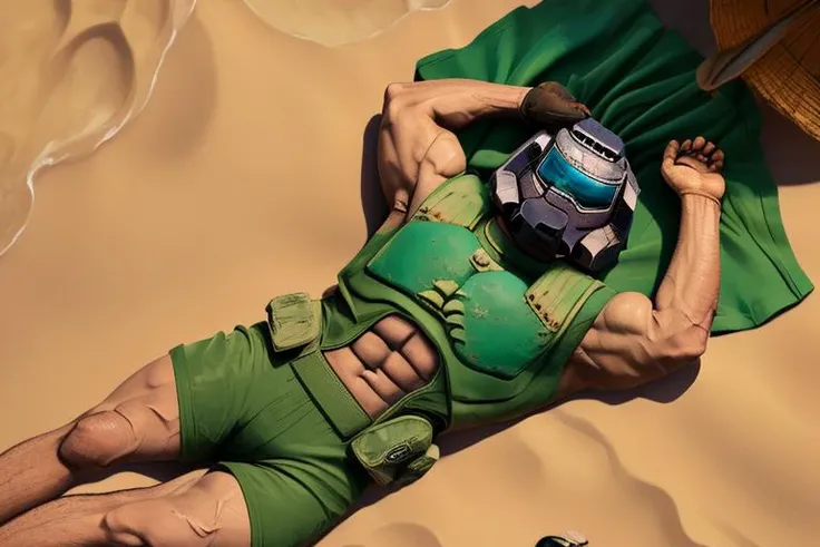 (masterpiece, best quality:1.4), (solo:1.2), (doomguy:1.2) lying on the sand, (high detailed skin:1.2), beach, ocean, blue sky with some clouds, full body, beach towel, from above
<lora:doomguy-15:1>