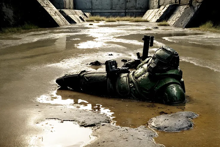 doomguy laying down on water puddle, by_andrei_tarkovsky <lora:Andrei_Tarkovsky_Style-20 (1):1> <lora:doomguy:0.8>