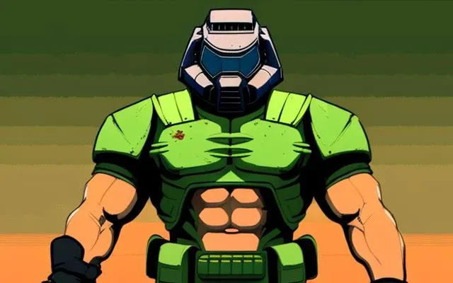 (masterpiece, best quality:1.4), (solo), (doomguy), (high detailed skin:1.2), full body, (from below:1.2), perfect body, fighting stance,  clenched hands, holding shotgun, (limited palette:1.5), glove, detailed hands, vga, (flat colors:1.1),
sprite, pixel art, simple background
<lora:doomguy-15:1>