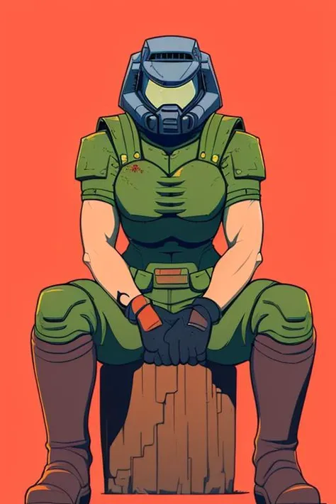 (masterpiece, best quality:1.3), doomguy, (1girl , female:1.4), holding shotgun with both hands, studio ghibli style, (2d:1.2), full body, (simple background, transparent background), (crossed legs:1.3),  fighting stance,
illustration, limited palette
<lora:doomguy-15:1>