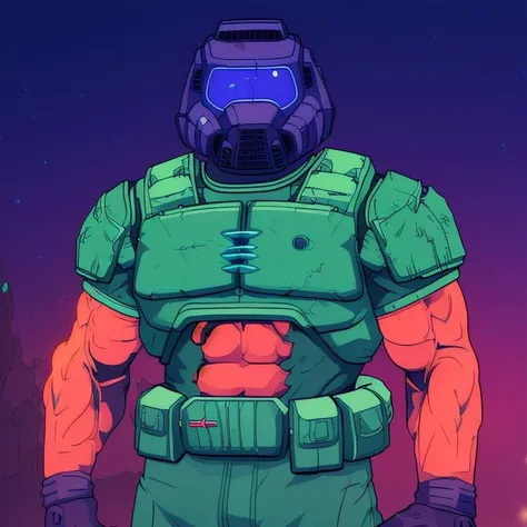 (doomguy:1.1), walking, cyan background, limited palette, bright green armor, (muscular:1.1), (bioluminescence:1.2), clothing cutout, open clothes, 
<lora:doomguy-15:1>