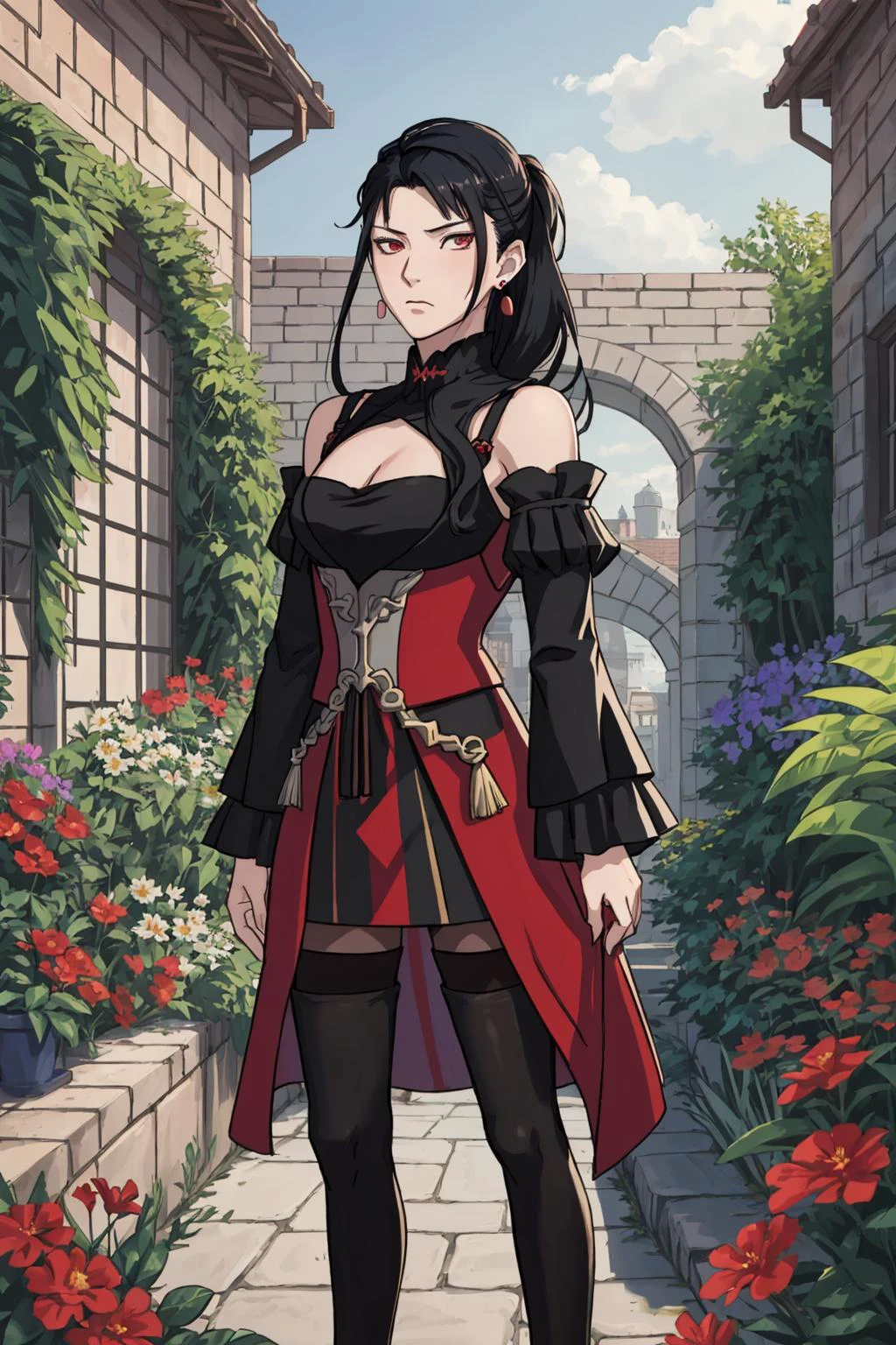 1boy, warFelix, long black hair, embarrassed, sad, (frontal view):5,(facing viewer):5 , crossdressing. flat-chest:5, cleavage, makeup dangling earrings, red dress, corset, detached sleeves, black pantyhose <lora:dorothea-nvwls-v2:0><lora:gmuniform-nvwls-v1:0>, garden, Garreg Mach,<lora:felix-nvwls-v1:0>