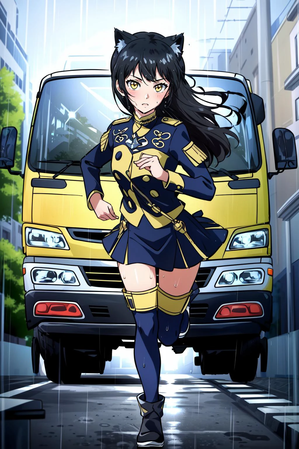 (masterpiece, best quality), intricate details,
1girl, <lora:blake_belladonna-10:0.8> blake_belladonna,
<lora:gmuniform-nvwls-v1:0.8> gmuniform, blue thighhighs, black and gold uniform,
outdoors, running, rain, wet pavement, fantasy village, <lora:Truckkun:0.8> Truck-kun, ground vehicle, crash, getting hit by Truck-kun,