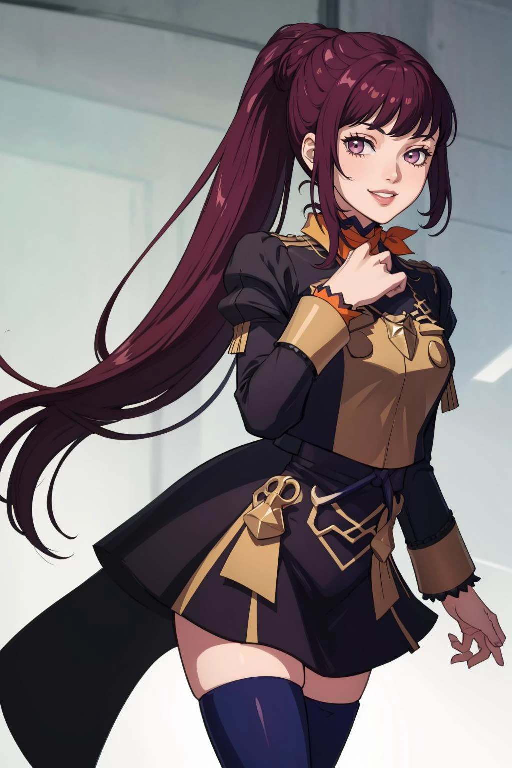 masterpiece, best quality, 1girl, smile, solo, looking at viewer, <lora:gmuniform-nvwls-v1:1>, gmuniform, <lora:Eriko:1>, erikop1, ponytail, classroom, blue thighhighs, long sleeves