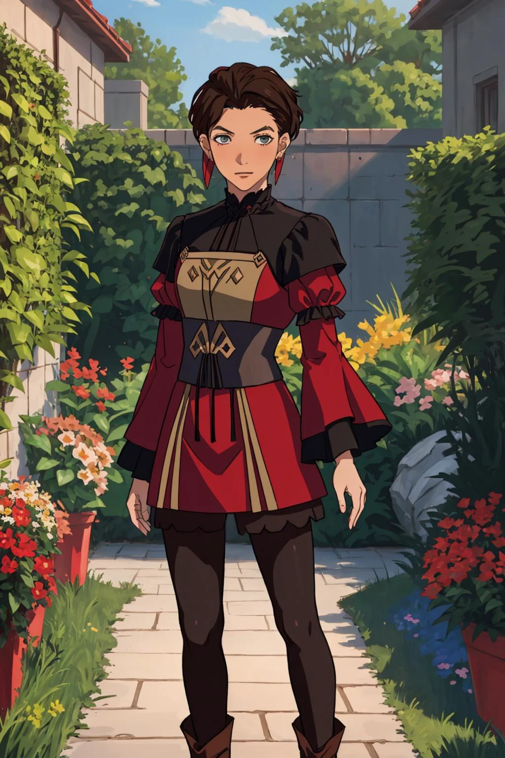 1boy, ClaudeAfter, short brown-hair, embarrassed, sad, (frontal view),(facing viewer):5 , crossdressing. flat-chest:5, makeup dangling earrings, red dress, corset, detached sleeves, black pantyhose <lora:dorothea-nvwls-v2:0><lora:gmuniform-nvwls-v1:0>, garden, Garreg Mach, <lora:Claude:0>
