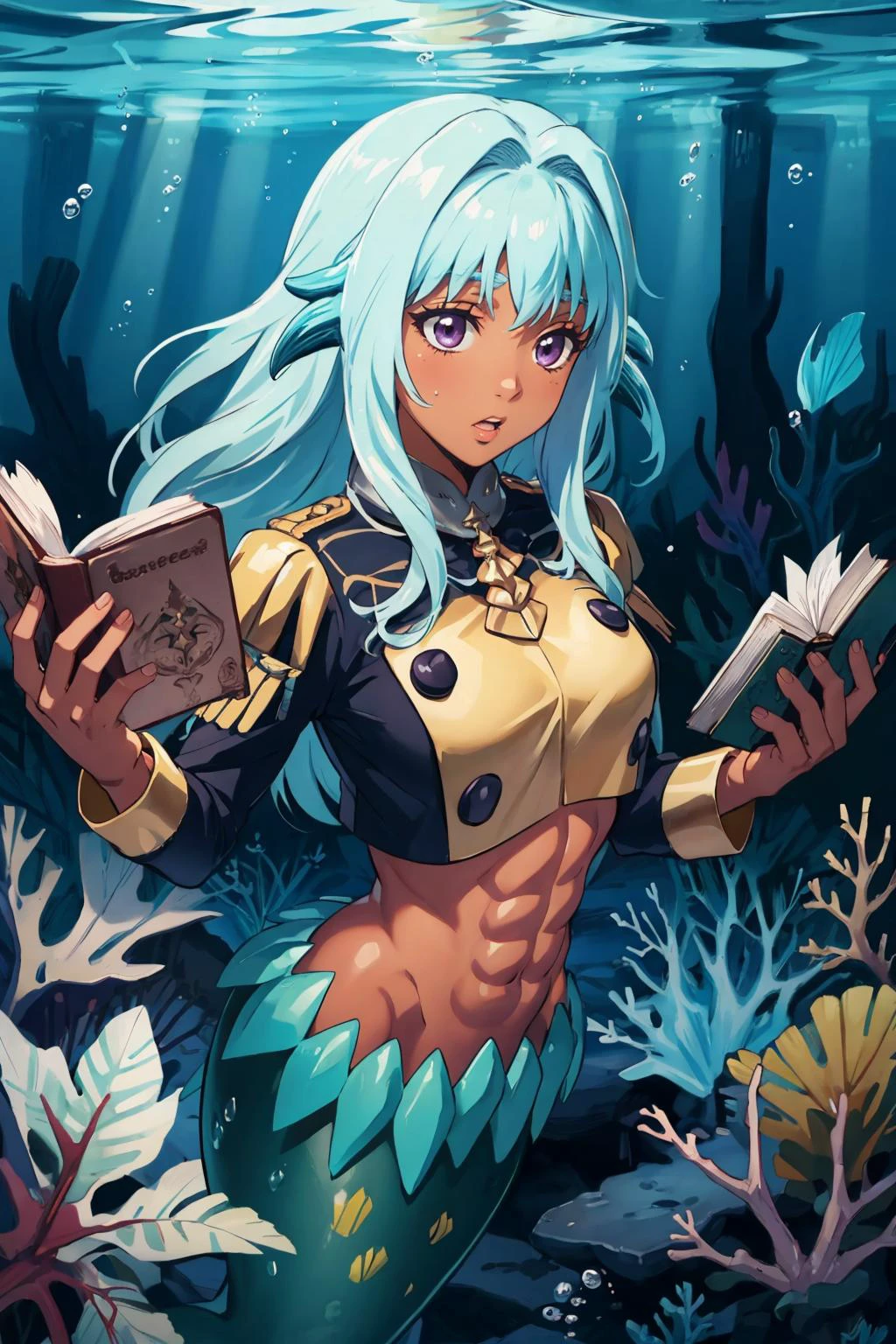 masterpiece, best quality, <lora:Levia-san_V1-Manityro-dadapt:1> Levia-san, mermaid, monster girl, head fins, dark-skinned female, toned, abs <lora:gmuniform-nvwls-v1:1> gmuniform, underwater, holding book, confused