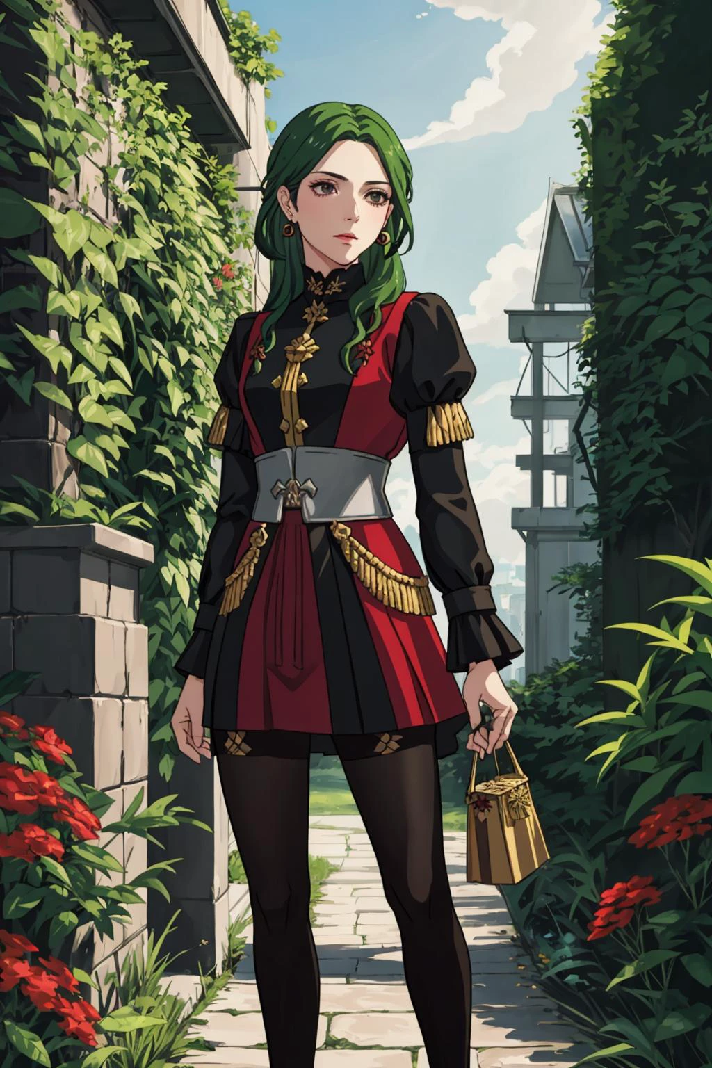 1boy, linhardtWar, long green hair, stoic, (frontal view):5,(facing viewer):5 , crossdressing. flat-chest:5, makeup, dangling earrings, red dress, corset, detached red sleeves, black pantyhose <lora:dorothea-nvwls-v2:0><lora:gmuniform-nvwls-v1:0>, garden, Garreg Mach, <lora:LinhardtV1:0.0>