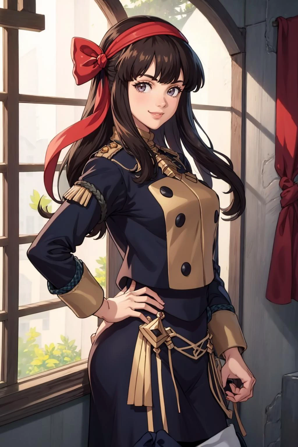 masterpiece, best quality, 1girl, smile, solo, looking at viewer, <lora:gmuniform-nvwls-v1:1>, gmuniform, <lora:DaisyFE:1>, daisyfe, headband, hairbow